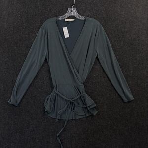 LOFT Blouse Women's Medium Green Wrap V Neck Long Sleeve Tie Peplum Jersey Top